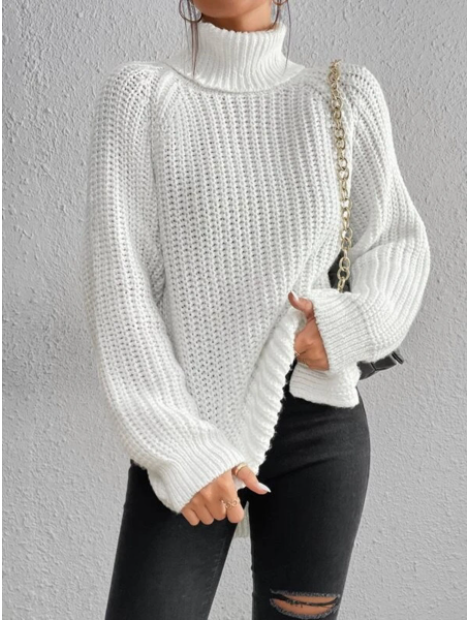 Cotton Turtleneck Raglan Sleeve Split Hem Sweater