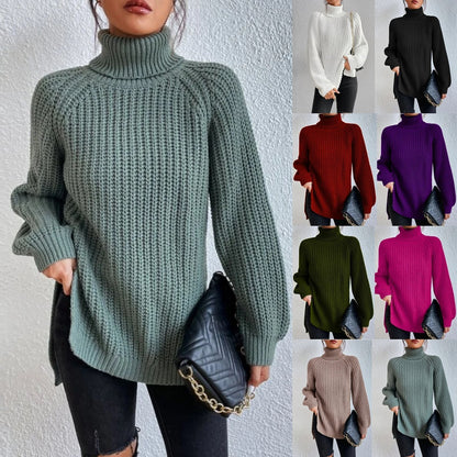 Cotton Turtleneck Raglan Sleeve Split Hem Sweater