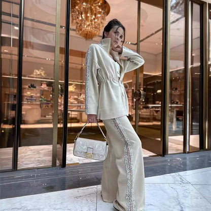 🎅Christmas Pre-sale🎁Women's Elegant Sequin-Trimmed Top and Wide-Leg Pants Set