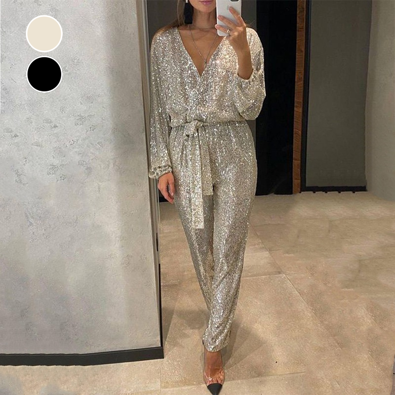 🎅Christmas Pre-sale🎁Women's Sparkly V Neck Belted Jumpsuits