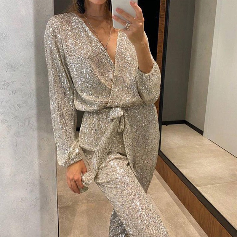 🎅Christmas Pre-sale🎁Women's Sparkly V Neck Belted Jumpsuits