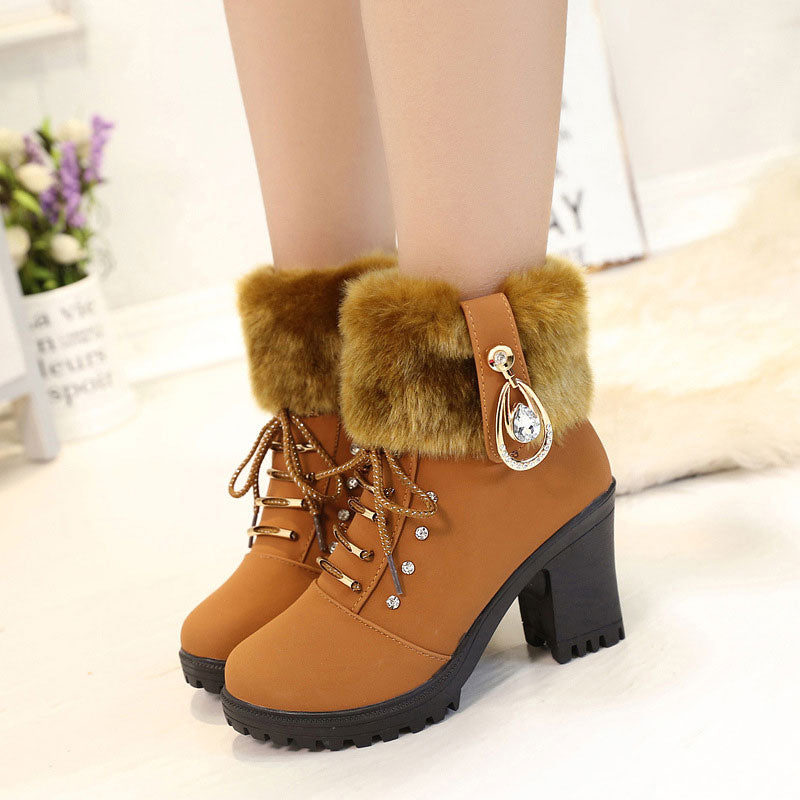 Women's Plush Zipper Chunky Heel Ankle Boots