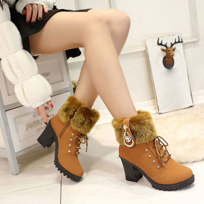 Women's Plush Zipper Chunky Heel Ankle Boots