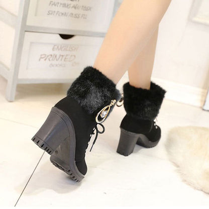 Women's Plush Zipper Chunky Heel Ankle Boots