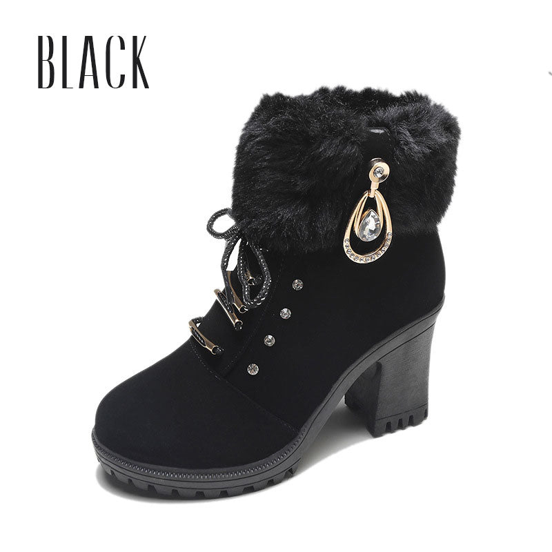 Women's Plush Zipper Chunky Heel Ankle Boots