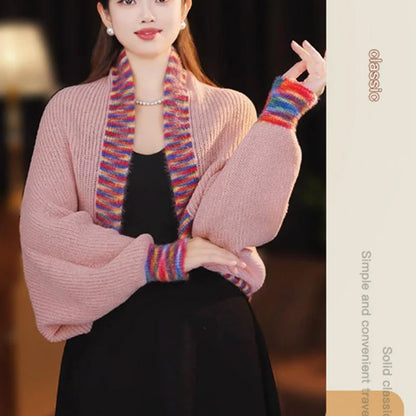 Rainbow-Edged Knitted Shawl with Sleeves