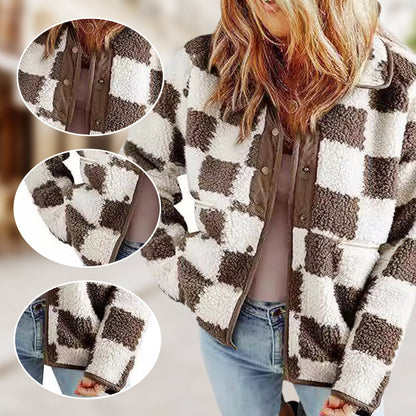 Women's Trendy Warm Checkerboard Jacket with Zipper Pockets