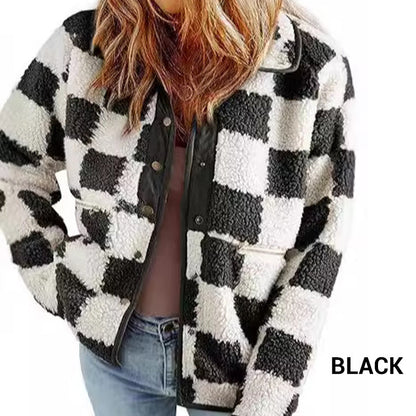 Women's Trendy Warm Checkerboard Jacket with Zipper Pockets