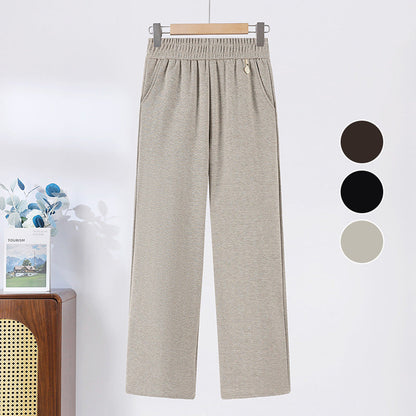 Solid Color Elastic Waistband Straight Leg Pants