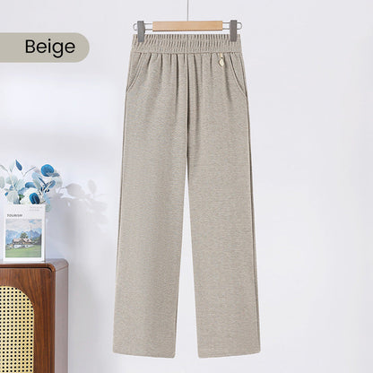 Solid Color Elastic Waistband Straight Leg Pants