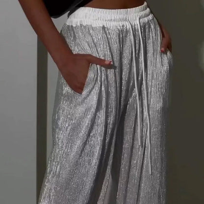 Women's Fashion Solid Color Shiny Elastic Waist Wide Leg Pants