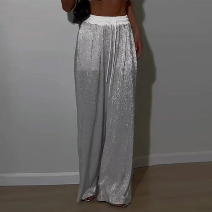 Women's Fashion Solid Color Shiny Elastic Waist Wide Leg Pants