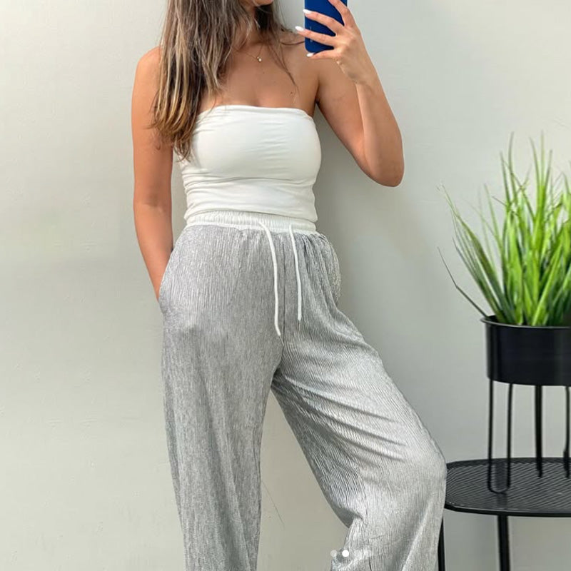 Women's Fashion Solid Color Shiny Elastic Waist Wide Leg Pants