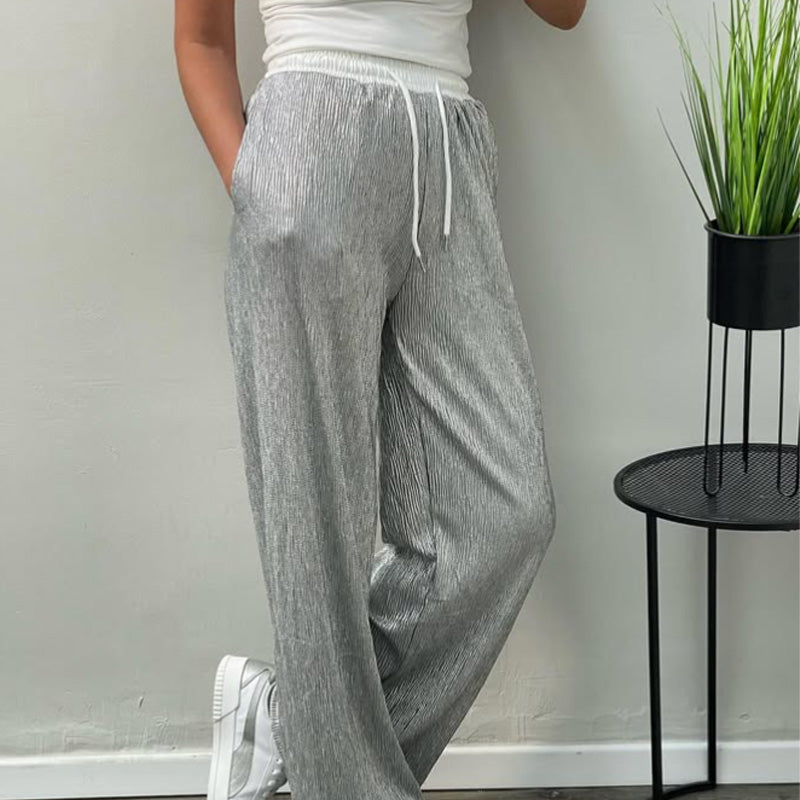 Women's Fashion Solid Color Shiny Elastic Waist Wide Leg Pants