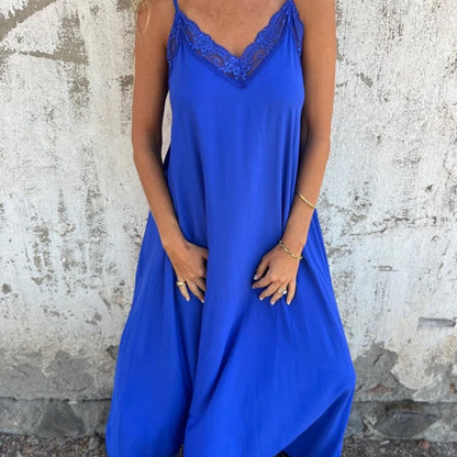 🌸Spring Specials💐 Women's Elegant Lace Trim V-Neck Spaghetti Strap Maxi Dress