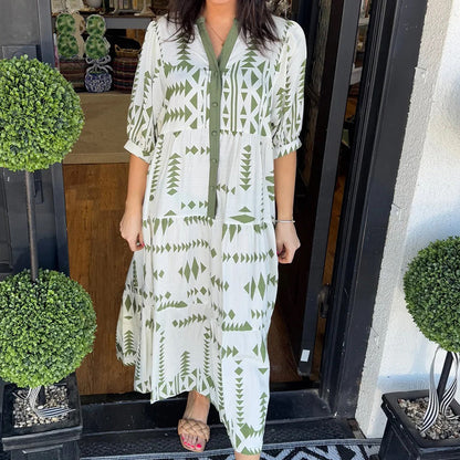 Women's Button V Neck Geometric Print Dress