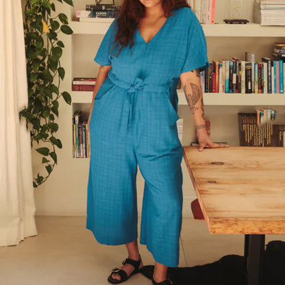 🔥Today 50% off🔥Blue V-Neck Cotton Linen Jumpsuit