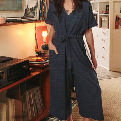 🔥Today 50% off🔥Blue V-Neck Cotton Linen Jumpsuit