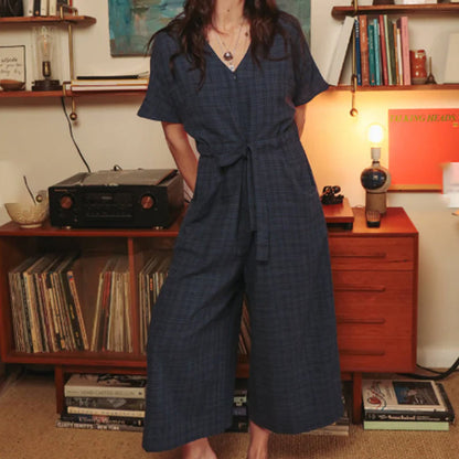 🔥Today 50% off🔥Blue V-Neck Cotton Linen Jumpsuit
