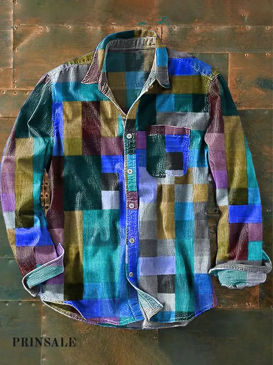 Unisex Simple Rainbow Color Plaid Vintage Printed Lapel Long Sleeve Pocket Shirt
