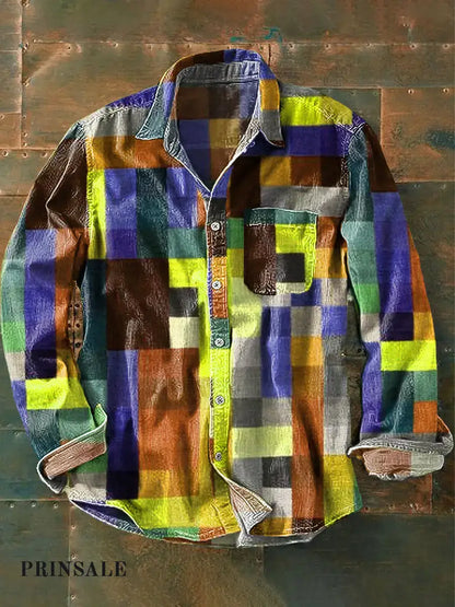 Unisex Simple Rainbow Color Plaid Vintage Printed Lapel Long Sleeve Pocket Shirt